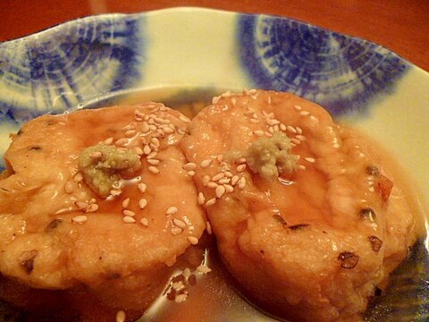 焼きがんもどきのわさび風味あんかけ